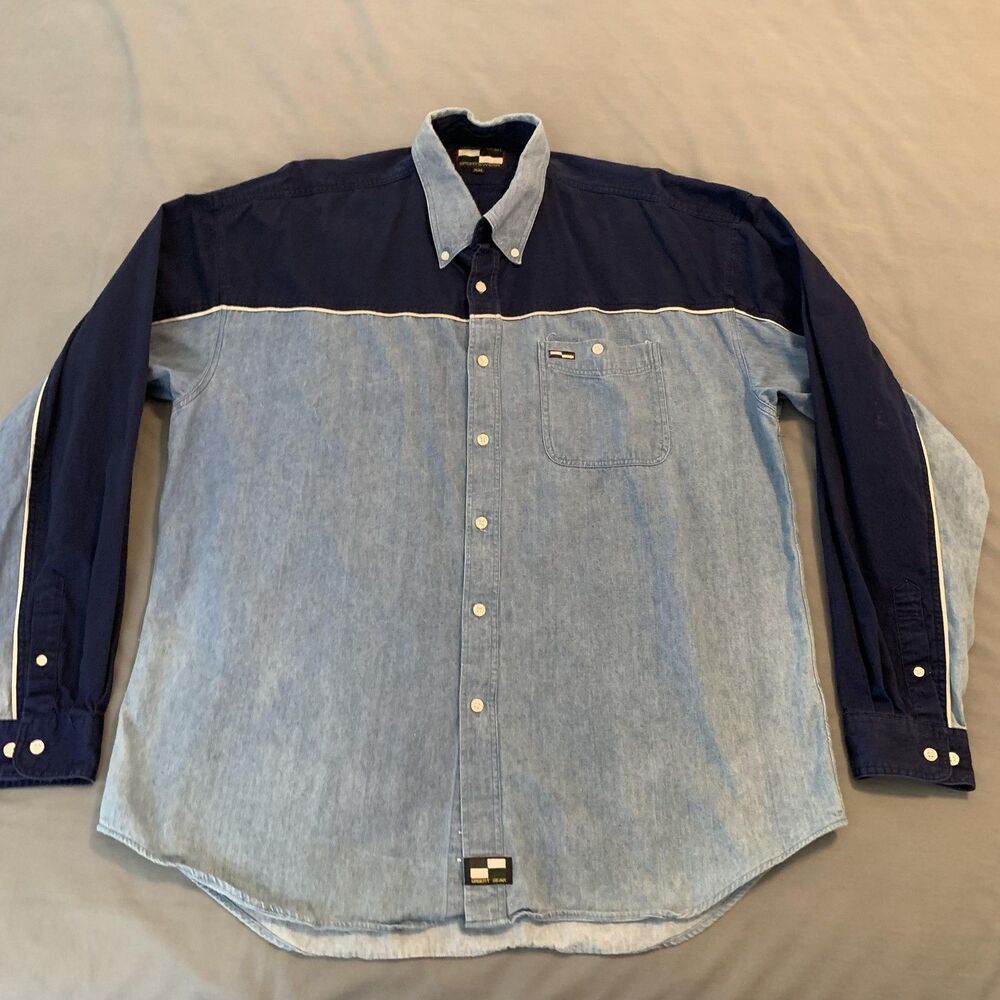 Urgent Gear Shirt Mens 2XL Blue‎ Denim Chambray Colorblock Western Button Up